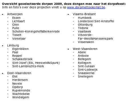 Text Box: Overzicht geselecteerde dorpen 2009, deze dongen mee naar het dorpsfeest:Info en fotos over deze projecten vindt u op www.dorpmettoekomst.be. Antwerpen- Essen- Lichtaart- Olen- Pulle- Schoten-Koningshof&Berkenrode- Tisselt  - Vorselaar Limburg- Eigenbilzen- Paal- Reppel- Schakkebroek- Sint-Jozef (Eik, Heesveld&Spurk)- Sint-Lambrechts-Herk Oost-Vlaanderen- Elst- Herdersem- Nevele- Opdorp- Rupelmonde- Wachtebeke- Wondelgem	 Vlaams-Brabant- Humbeek- Londerzeel Sint-Kristoffel- Ottenburg- Tildonk- Vaalbeek- Vilvoorde-Far-West&Hanssenspark- Vissenaken West-Vlaanderen- Abele- Ardooie- Bellegem- Rollegem- Sint-Juliaan- Sint-Lodewijk- Snaaskerke- Snellegem